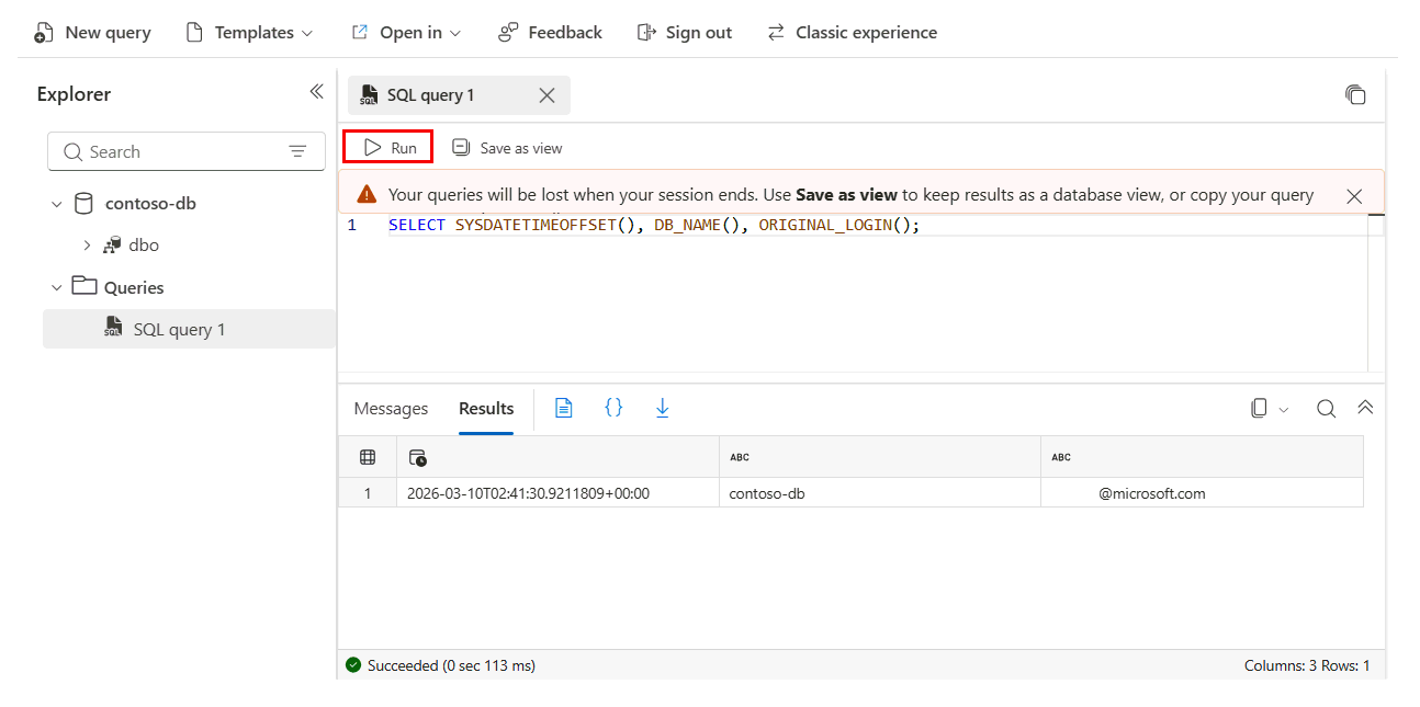 Azure 门户 SQL 查询编辑器中 Azure SQL 数据库的屏幕截图。