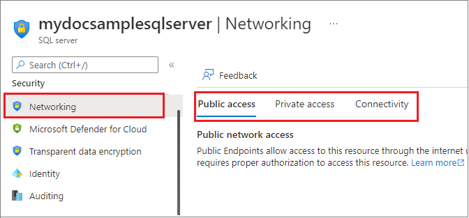 屏幕截图显示 Azure 门户中逻辑 SQL Server 的防火墙和虚拟网络设置。