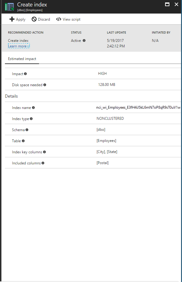“创建索引”窗格中建议的新索引的屏幕截图。