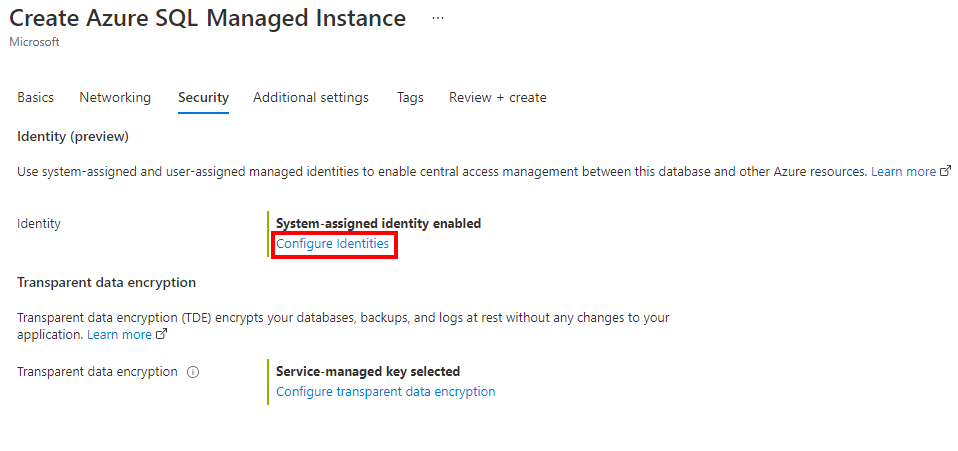 Azure 门户中创建托管实例过程的安全设置的屏幕截图。