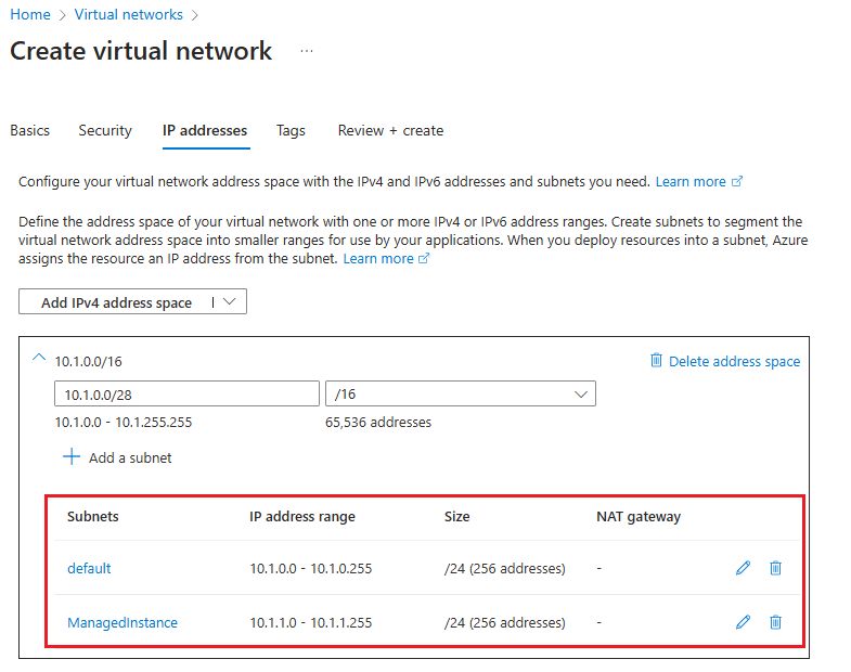 Azure 门户中新虚拟网络地址空间的截图。