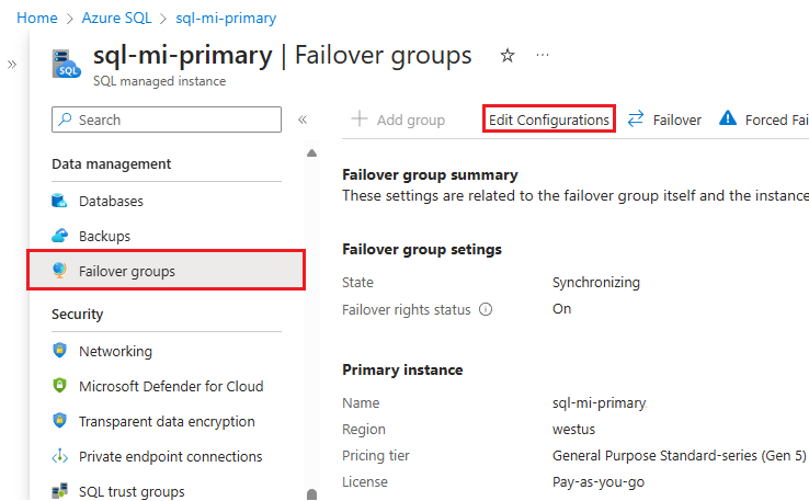 Azure 门户中故障转移组窗格的截图，其中突出显示了“编辑配置”选项。