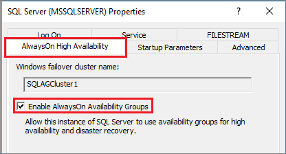 SQL Server Configuration Manager 中“启用 AlwaysOn 可用性组”选项的屏幕截图。