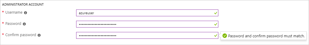 在 Azure 门户中创建 SQL 虚拟机时，显示管理员帐户部分的截图。
