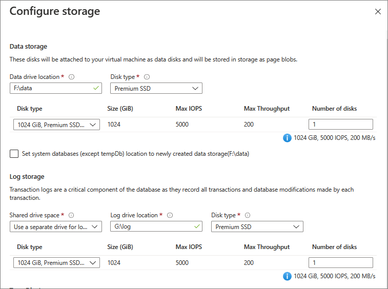 在预配期间，从 Azure 门户截取的 SQL Server VM 存储配置页面的截图