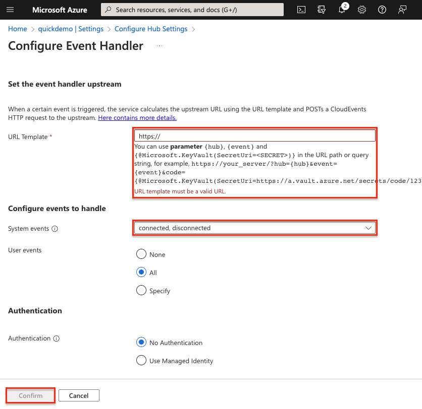 Azure Web PubSub 配置事件处理程序–详细信息的屏幕截图。