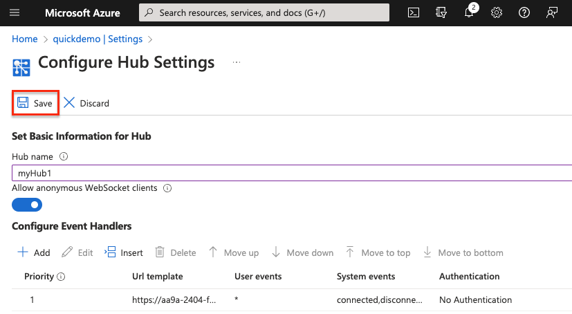 Azure Web PubSub 配置事件处理程序–保存的屏幕截图。
