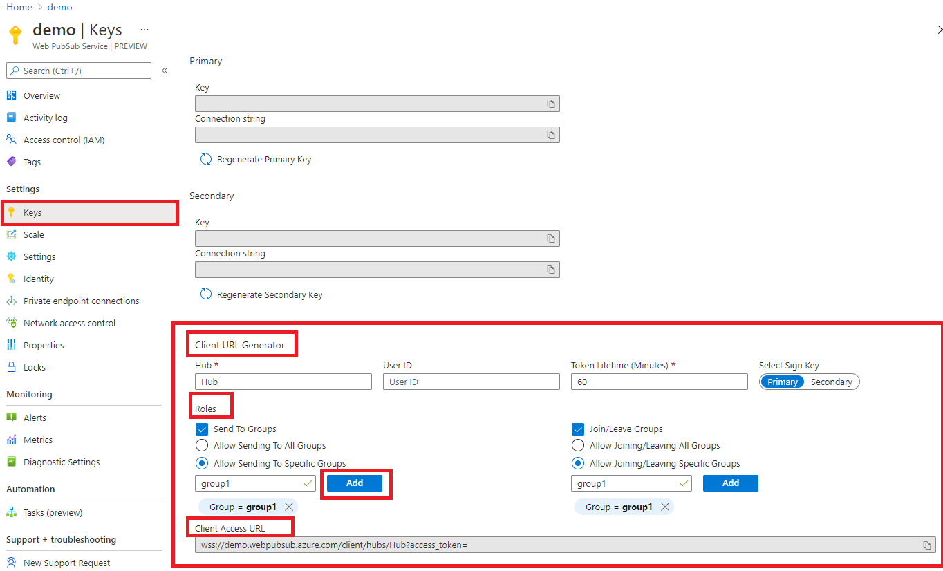 Screenshot 显示如何在 Azure 门户中获取客户端访问 URL