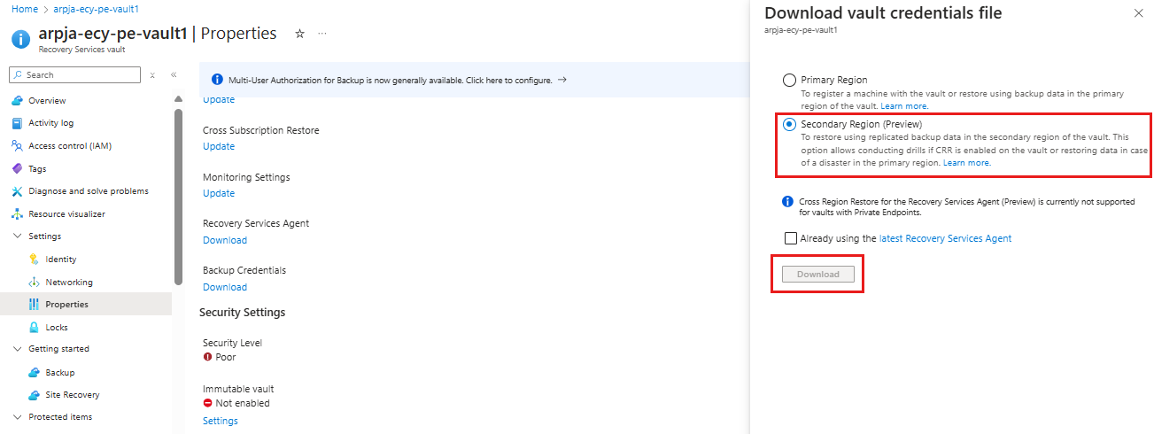 屏幕截图显示如何下载次要区域保管库凭据。
