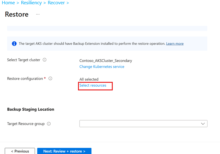 屏幕截图显示要添加的参数，以便从Vault标准存储中进行还原。