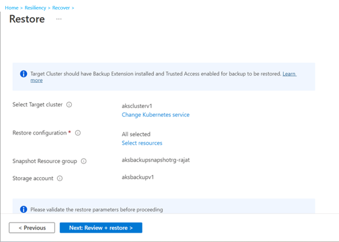 屏幕截图显示还原页面，其中选择了 Kubernetes 参数。