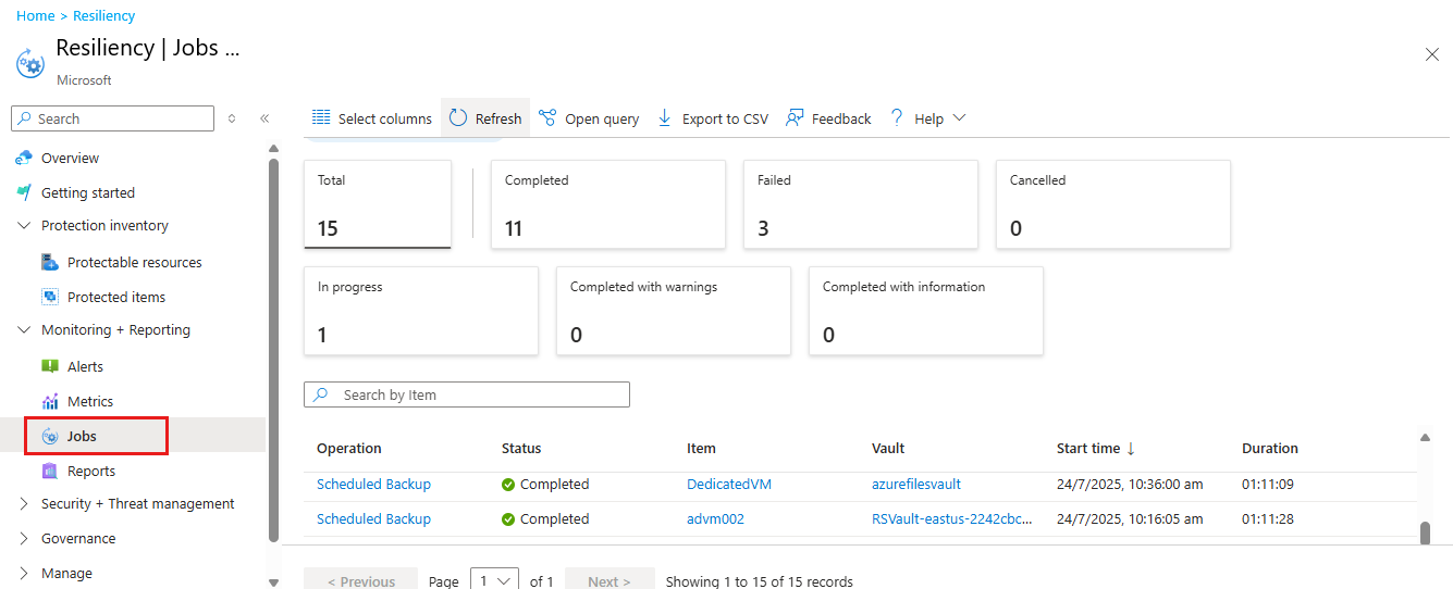 显示备份作业状态的屏幕截图。