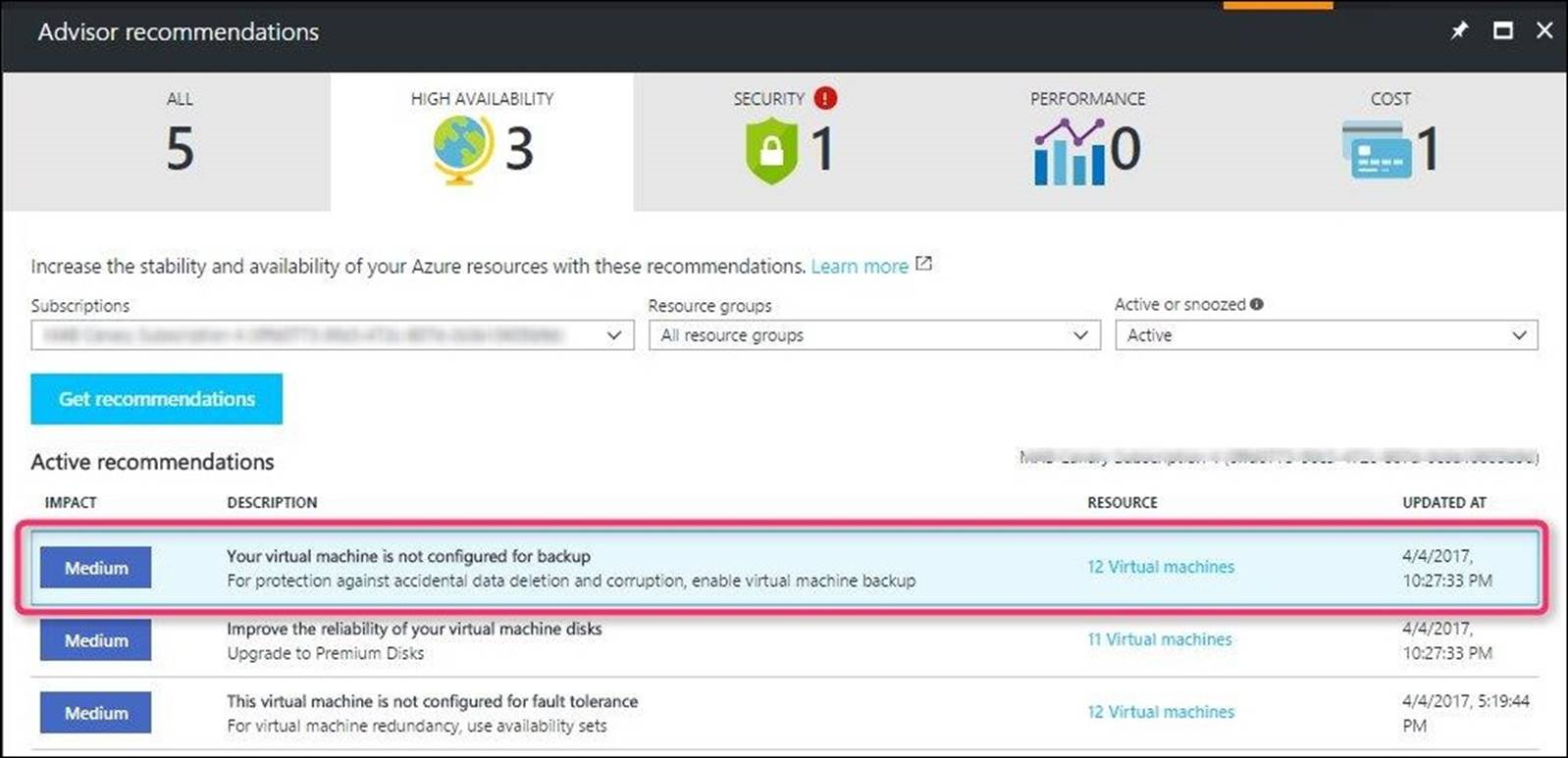 截图显示 Azure Advisor 页面。