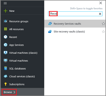 Azure 门户“浏览”选项的屏幕截图