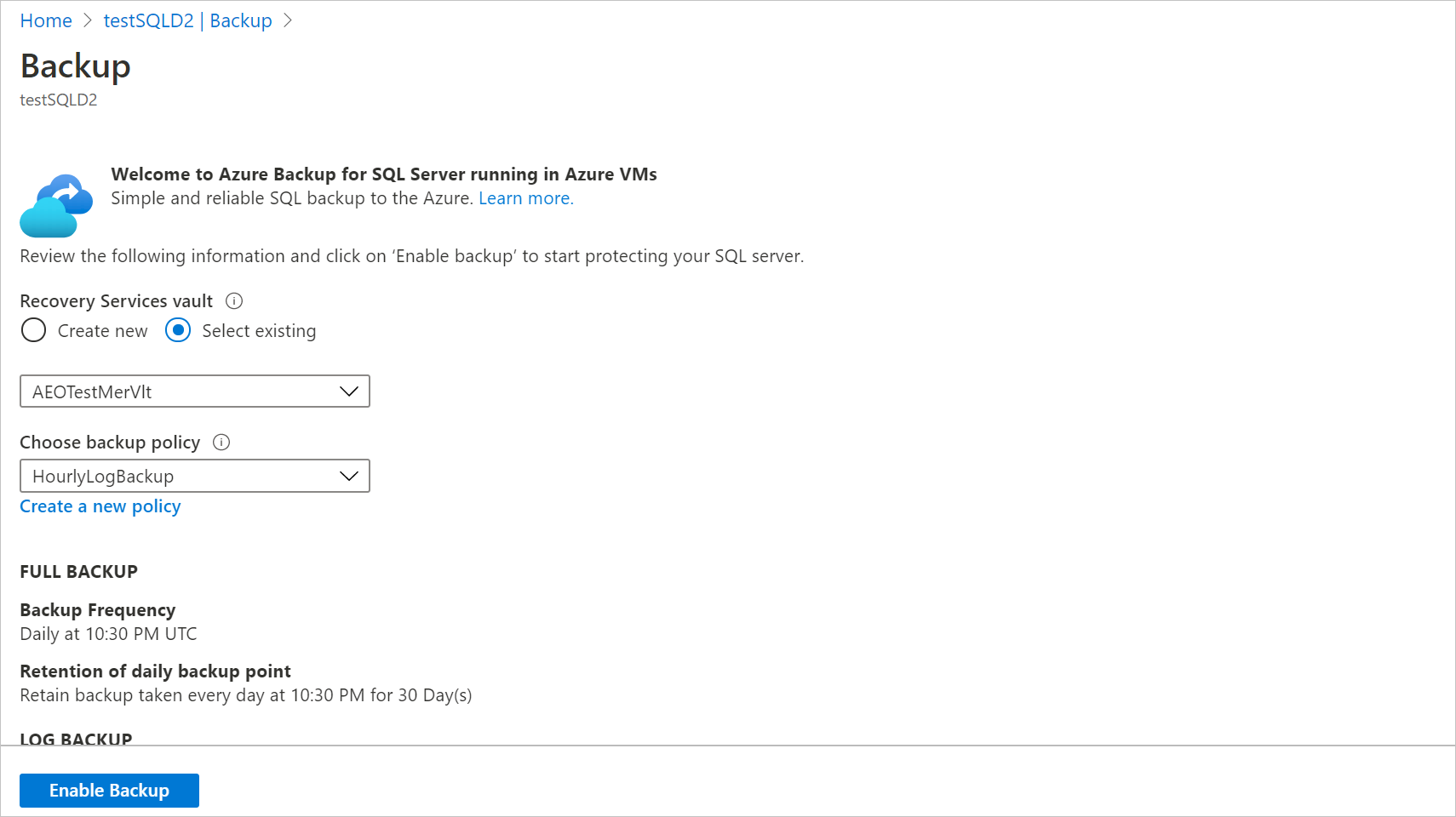 屏幕截图显示了如何选择备份策略。