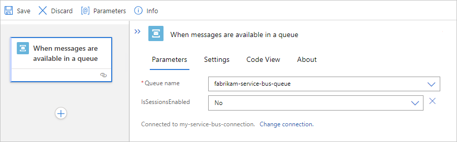 显示新的服务总线内置触发器的屏幕截图，其中包含标准工作流中的示例信息。