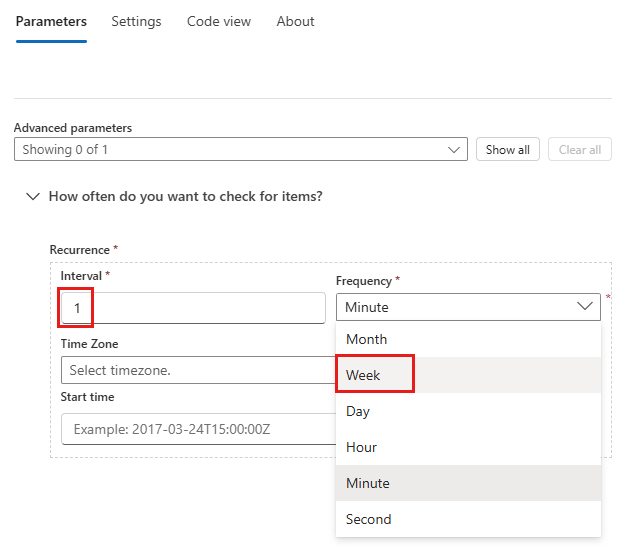 屏幕截图显示了设置间隔和频率的触发器参数。