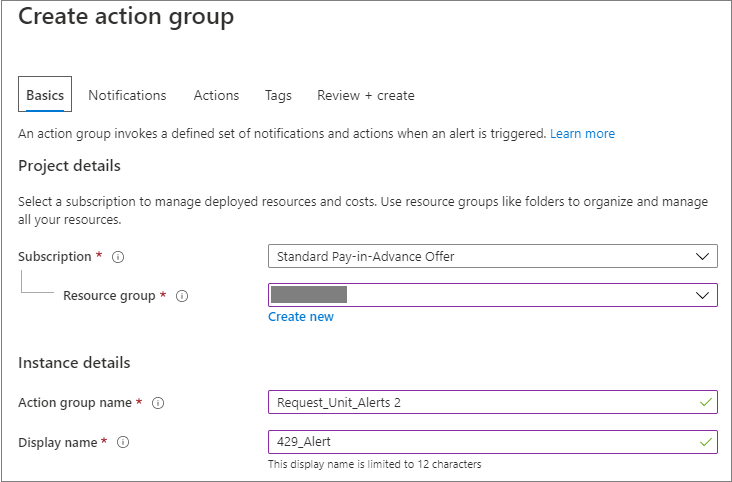 配置操作类型名称以便接收警报