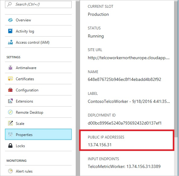 显示 Azure 门户中显示的云服务的公共 IP 地址的屏幕截图。