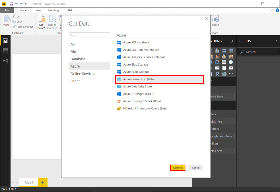Power BI Desktop 获取数据的屏幕截图 - Power BI 连接器。