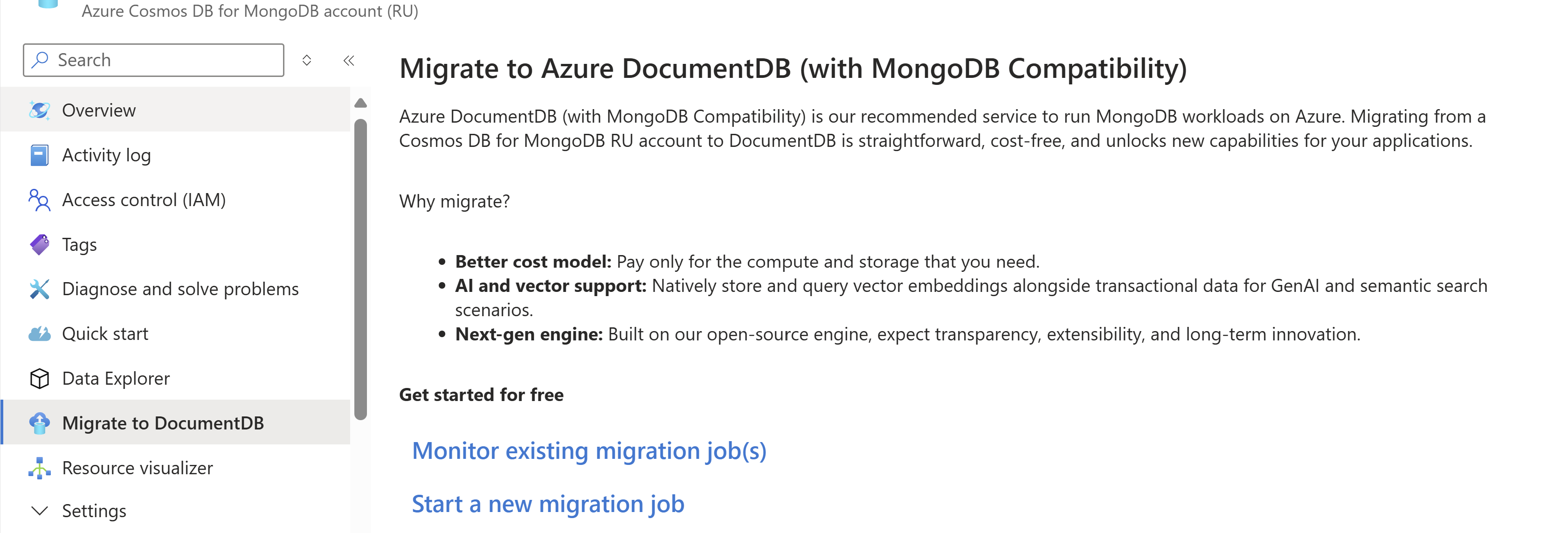 迁移到 DocumentDB 工作流中的主页的屏幕截图。