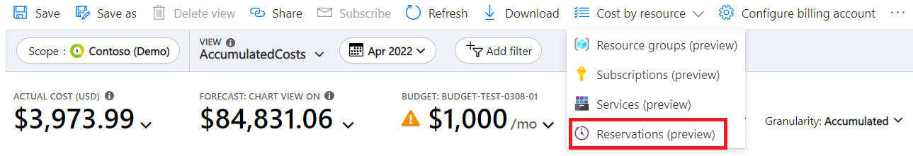 显示“预留”视图项的屏幕截图。