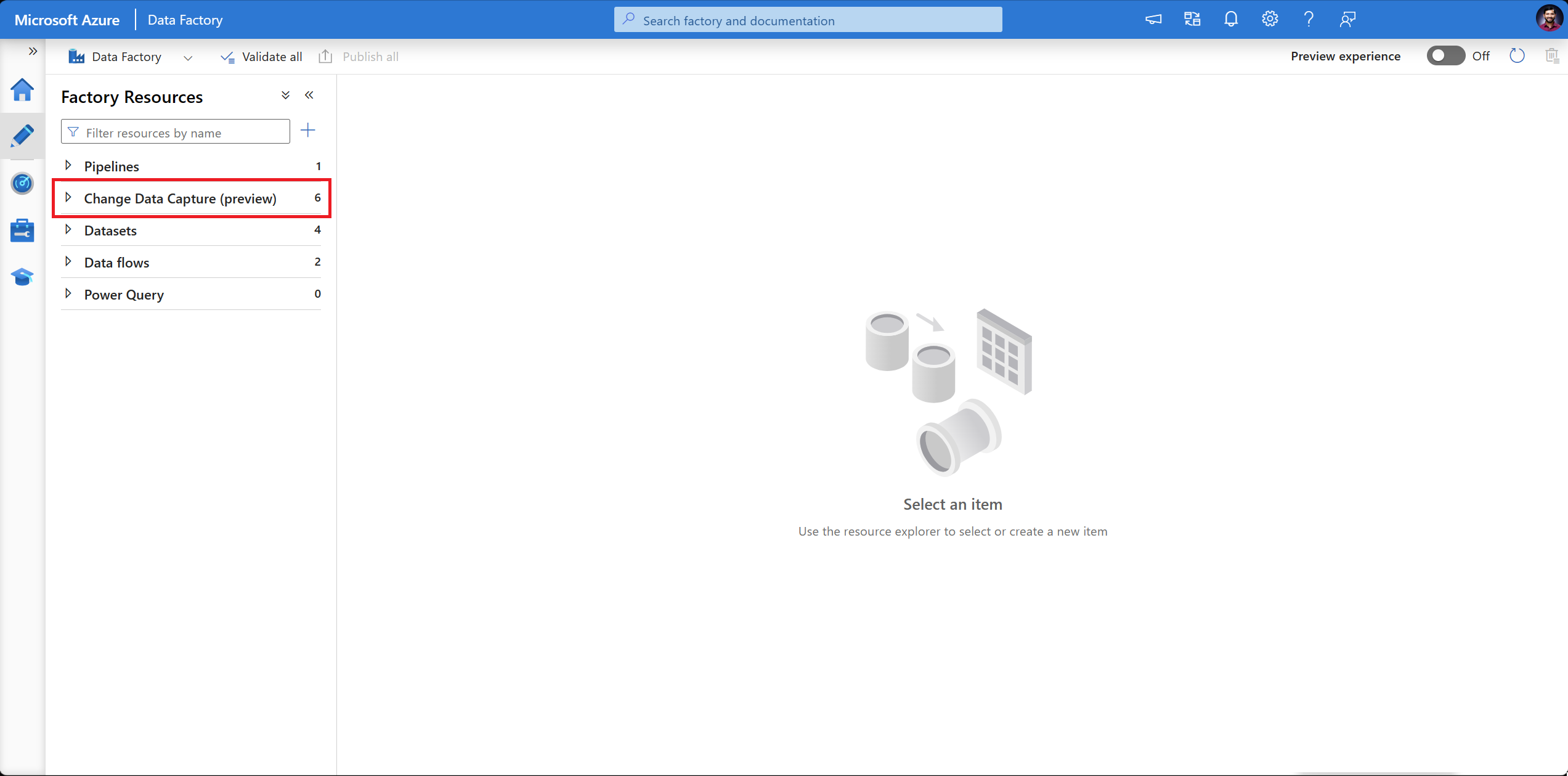 屏幕截图显示“工厂资源”窗格上用于变更数据捕获的新顶级项目。