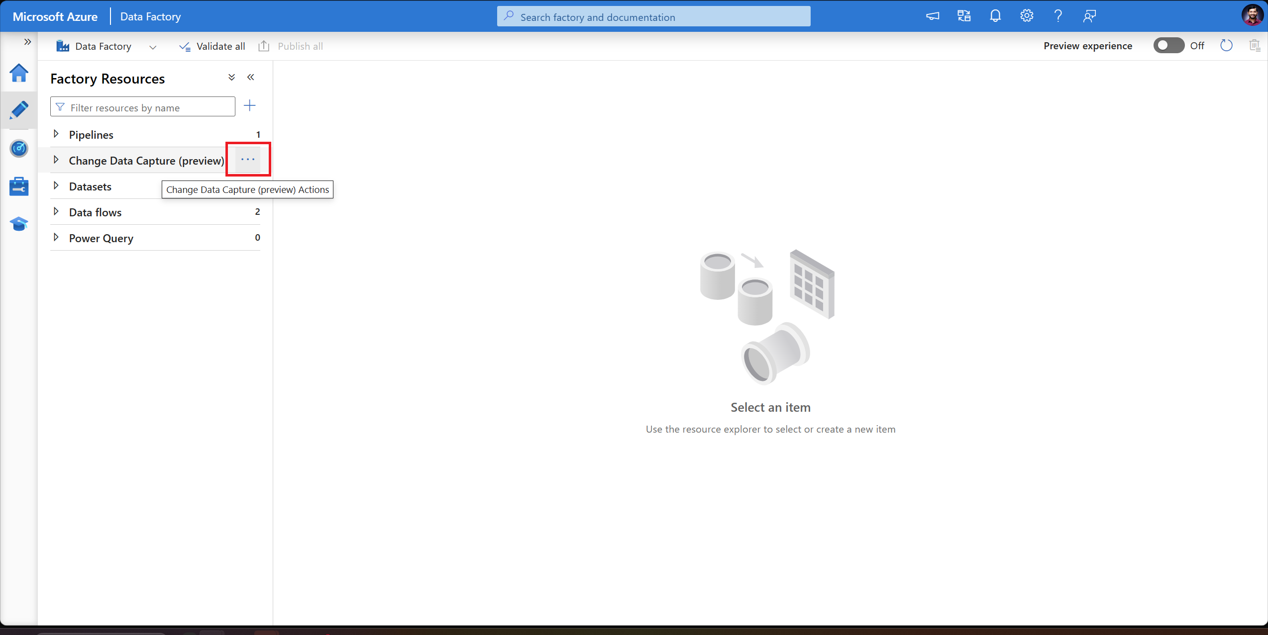 屏幕截图显示新顶级项目上方出现的变更数据捕获操作按钮。