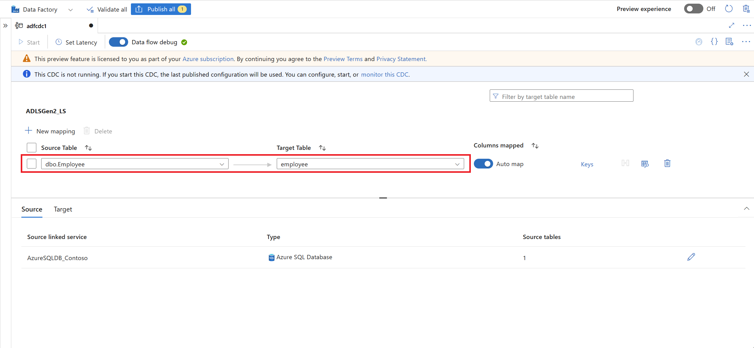 屏幕截图显示变更数据捕获工作室中的源到目标映射。