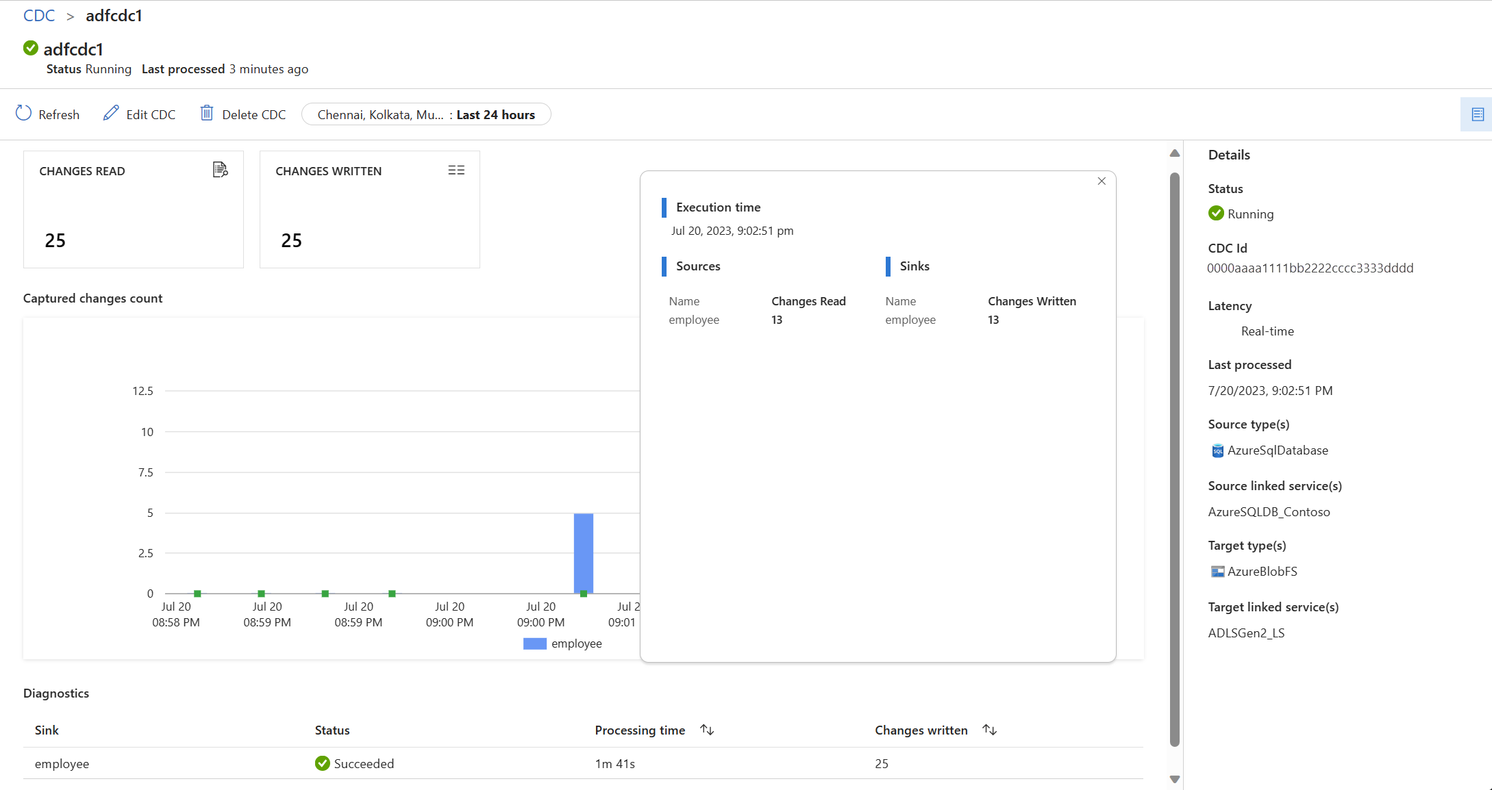 屏幕截图显示选定的变更数据捕获监视页面和详细视图。