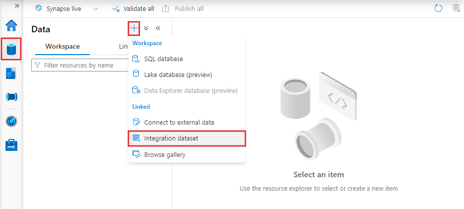 显示 Synapse Studio 的“创作”选项卡,其中选中了“新建集成数据集”按钮。