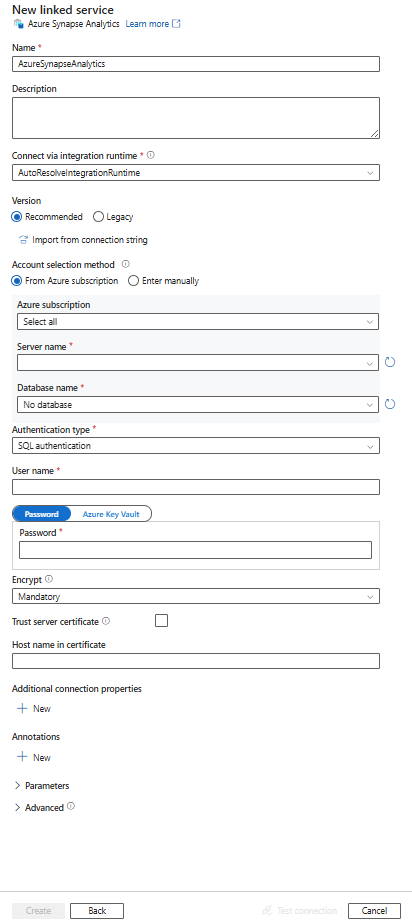 Azure Synapse Analytics 连接服务的配置截图。