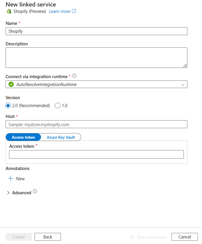 Shopify 的链接服务配置的屏幕截图。