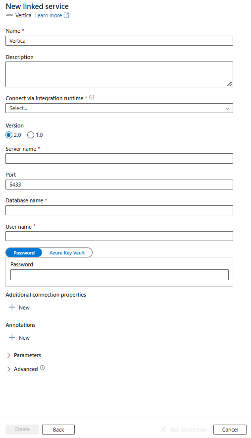 Vertica 的链接服务配置的屏幕截图。