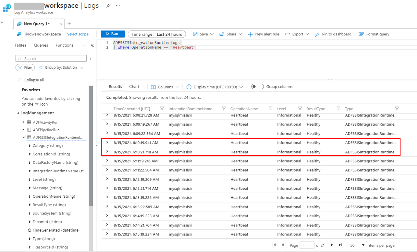 查询 SSIS IR 心跳信号在 Log Analytics 上