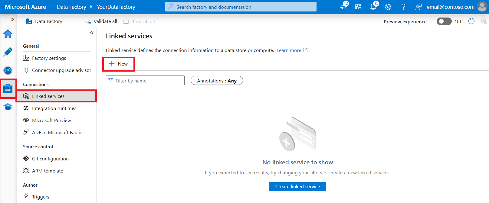 屏幕截图，显示如何使用 Azure 数据工厂 UI 创建新的链接服务。