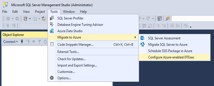 配置 Azure 支持的 DTExec 菜单