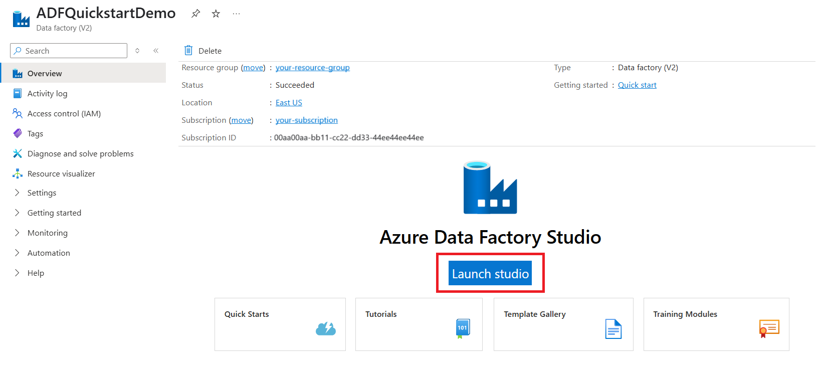  Azure 门户中数据工厂主页的Screenshot，其中突出显示了用于打开 Azure Data Factory Studio 的按钮。