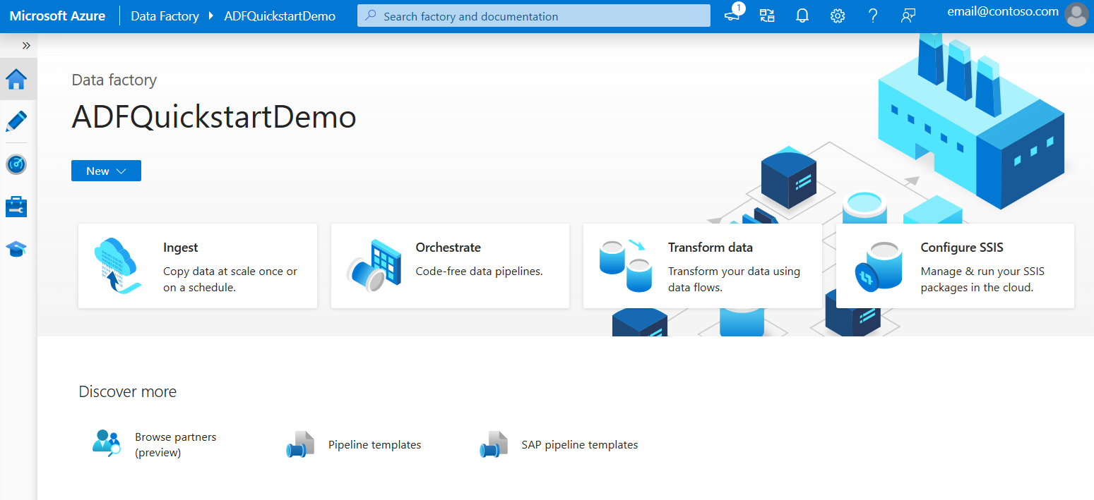 Screenshot：显示所创建数据工厂的 Azure Data Factory Studio 页面。