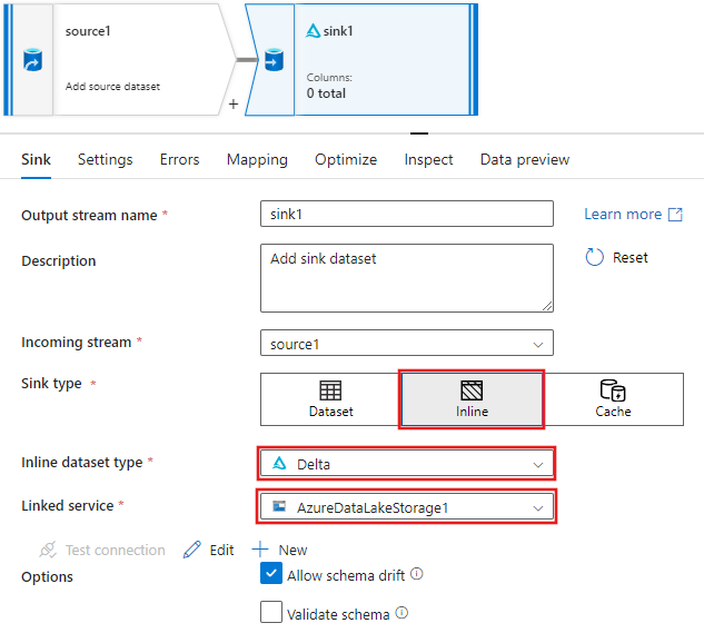 屏幕截图显示内联增量数据集“汇”的详细信息。