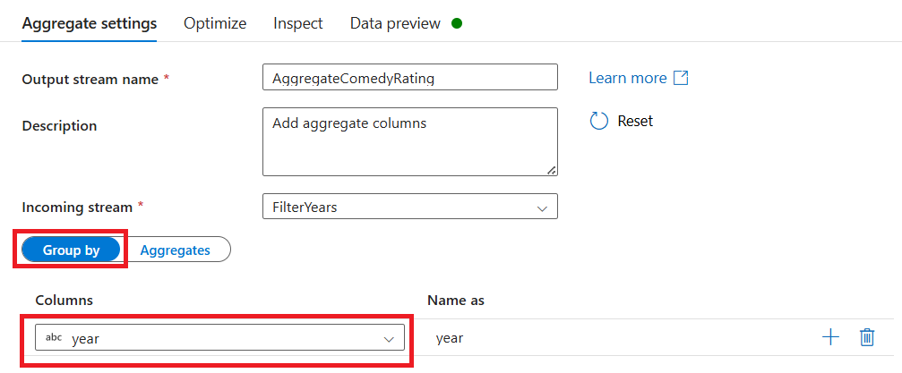 显示聚合设置下“分组依据”选项卡中年份选项的屏幕截图。