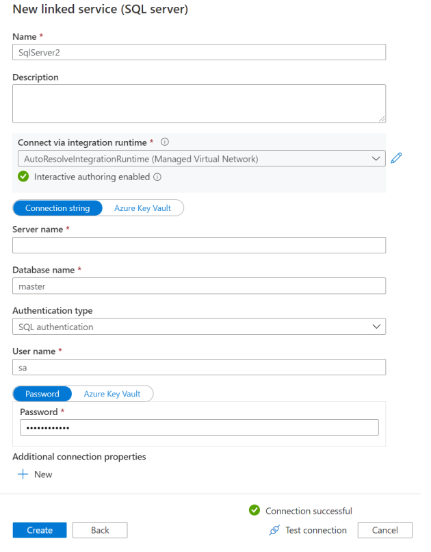 显示 SQL Server 链接服务创建页的屏幕截图。