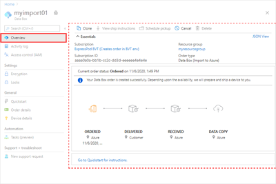 显示 Data Box 订单的“概述”页的屏幕截图。