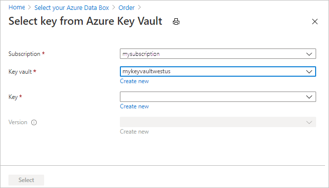 屏幕截图显示 Data Box 导出订单的“从 Azure Key Vault 中选择密钥”选项。