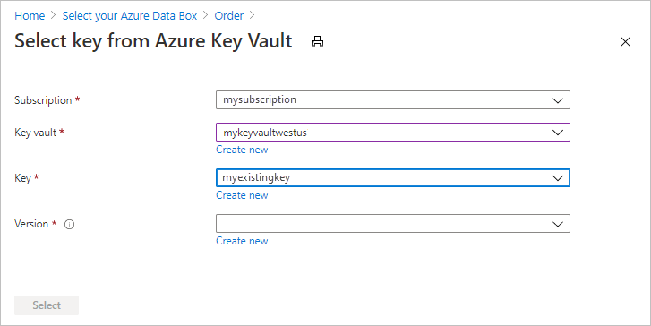 显示从 Azure Key Vault 中选择现有密钥的屏幕截图。