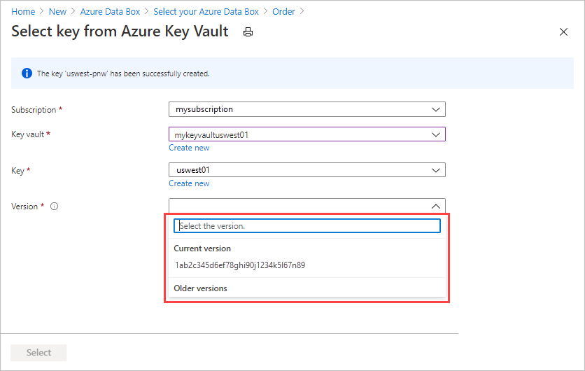 在现有 Azure Key Vault 中创建的新密钥的屏幕截图。