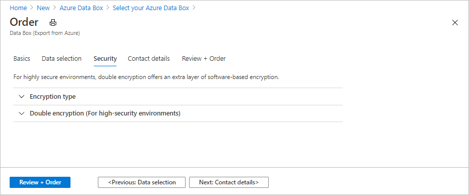 显示 Data Box 导入订单向导的“安全”选项卡的屏幕截图。