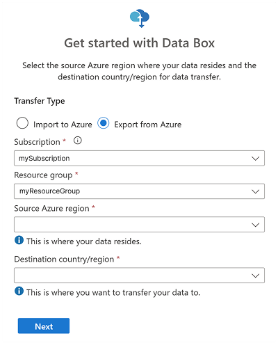 创建 Data Box 导出顺序时所需的数据字段的屏幕截图。