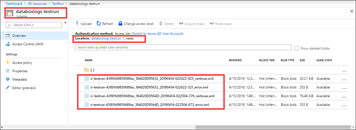 Azure Data Box Disk 订单的存储帐户中的错误日志和详细日志的屏幕截图。W-A-I-E-S 容器中的这些日志被突出显示。