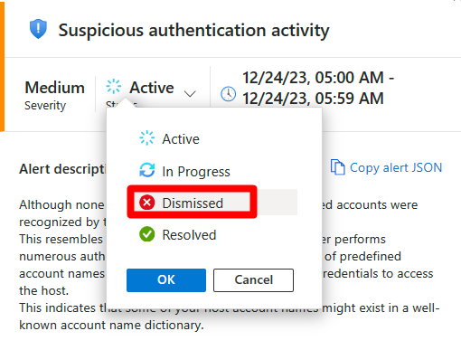 警报状态下拉菜单的屏幕截图。